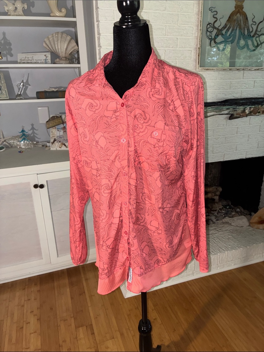 Toad & Co Insect Shield Pink Coral Floral Fall Hiking Long Sleeve Shirt Size Med